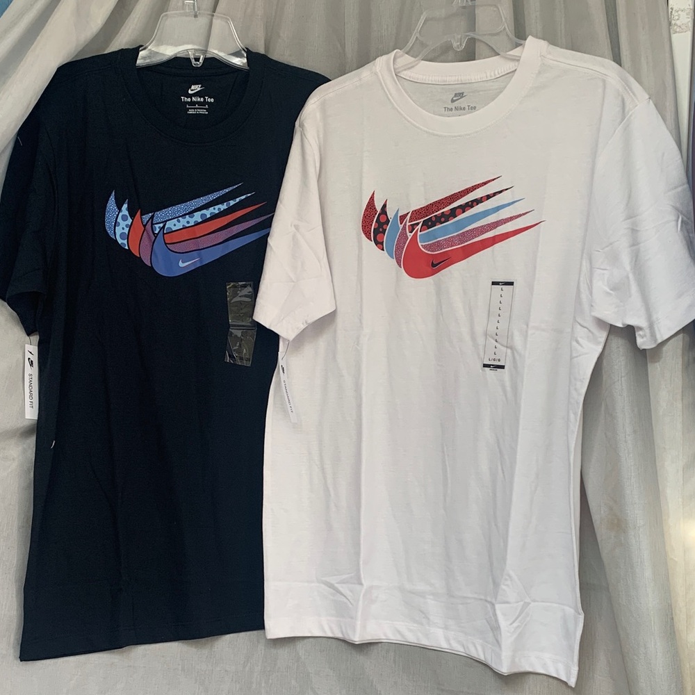 Nike Men’s Short Sleeve Graphic Tee - White & Black with Red and Blue Swoosh